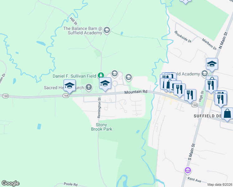 map of restaurants, bars, coffee shops, grocery stores, and more near 19 Canborne Way in Suffield