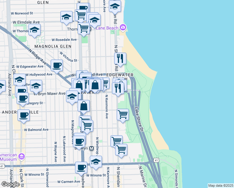 map of restaurants, bars, coffee shops, grocery stores, and more near 5556 North Sheridan Road in Chicago