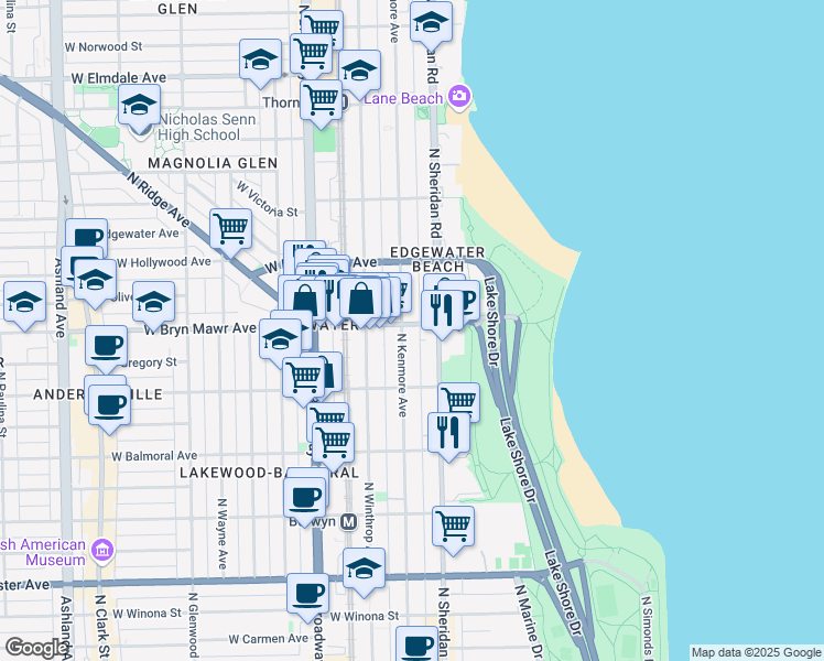 map of restaurants, bars, coffee shops, grocery stores, and more near 5556 North Sheridan Road in Chicago