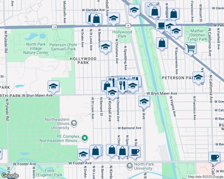 map of restaurants, bars, coffee shops, grocery stores, and more near 5614 North Kimball Avenue in Chicago