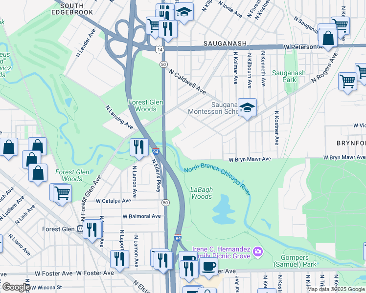 map of restaurants, bars, coffee shops, grocery stores, and more near 4746 West Bryn Mawr Avenue in Chicago