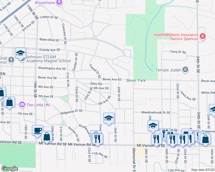 map of restaurants, bars, coffee shops, grocery stores, and more near 2428 4th Ave SE in Cedar Rapids