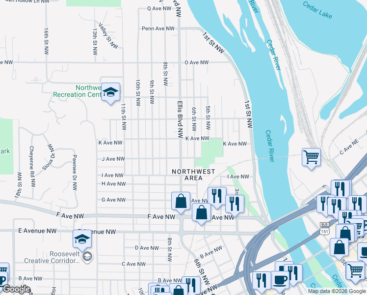 map of restaurants, bars, coffee shops, grocery stores, and more near 1123 Ellis Boulevard Northwest in Cedar Rapids