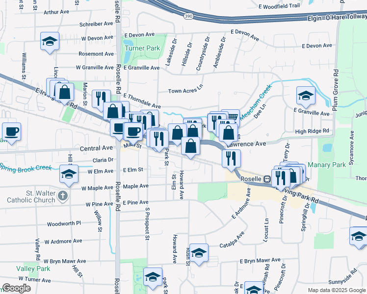 map of restaurants, bars, coffee shops, grocery stores, and more near 239 Irving Park Road in Roselle