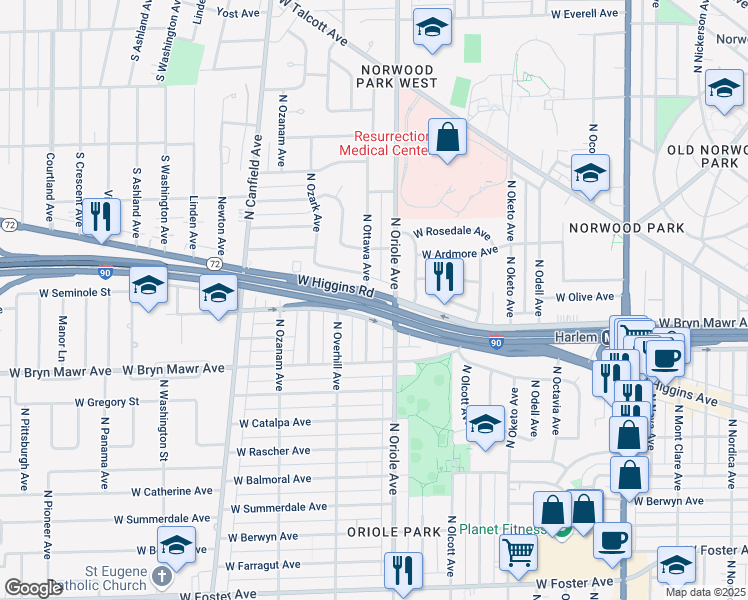 map of restaurants, bars, coffee shops, grocery stores, and more near 5631 North Ottawa Avenue in Chicago