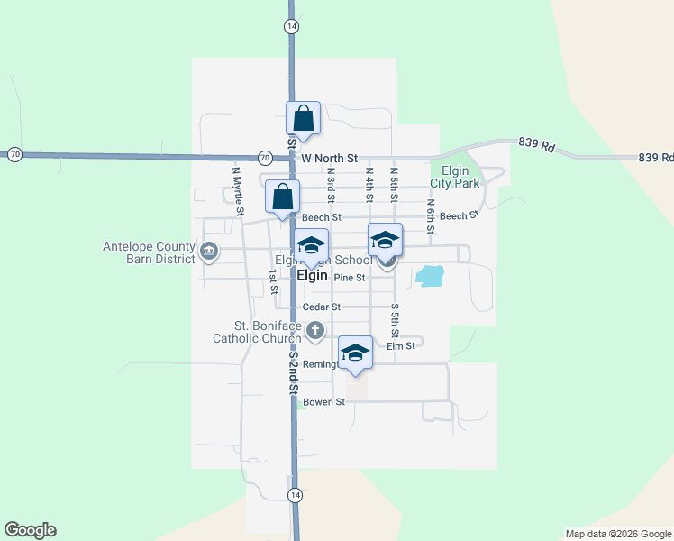 map of restaurants, bars, coffee shops, grocery stores, and more near 300 Pine Street in Elgin