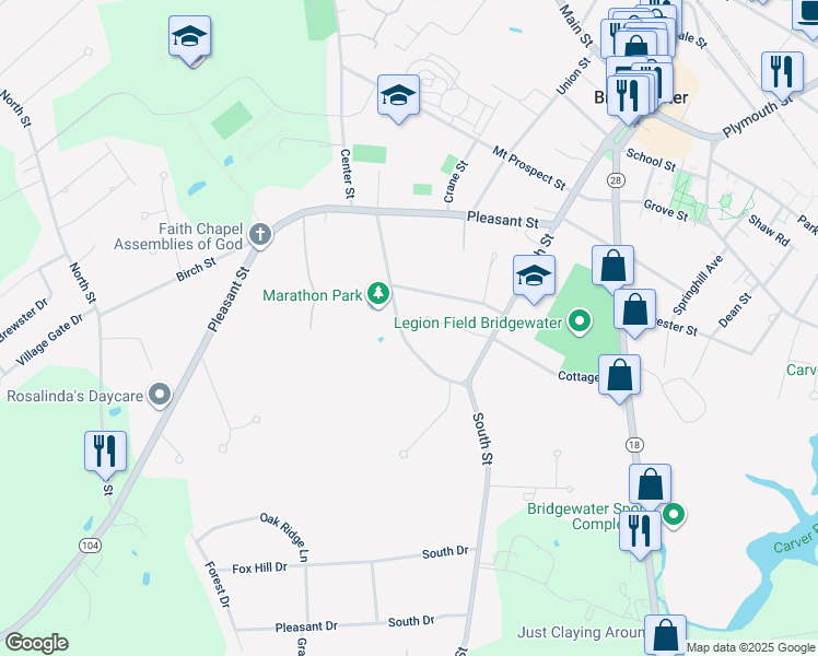map of restaurants, bars, coffee shops, grocery stores, and more near 126 Crescent Street in Bridgewater