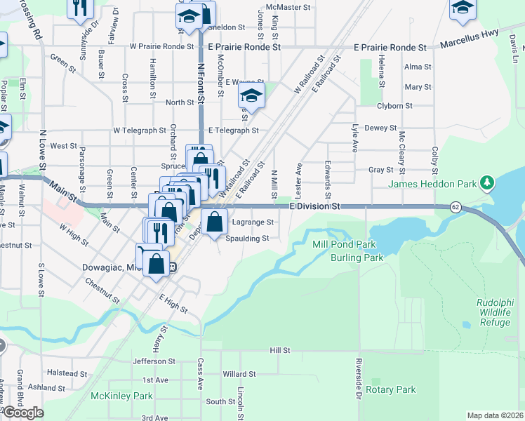 map of restaurants, bars, coffee shops, grocery stores, and more near 320 East Division Street in Dowagiac