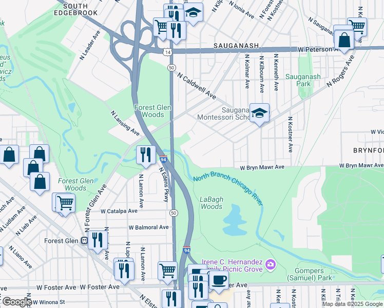 map of restaurants, bars, coffee shops, grocery stores, and more near 4746 West Bryn Mawr Avenue in Chicago