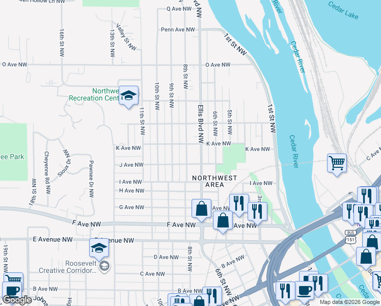 map of restaurants, bars, coffee shops, grocery stores, and more near 1123 8th Street Northwest in Cedar Rapids