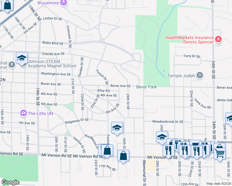 map of restaurants, bars, coffee shops, grocery stores, and more near 2428 4th Avenue Southeast in Cedar Rapids