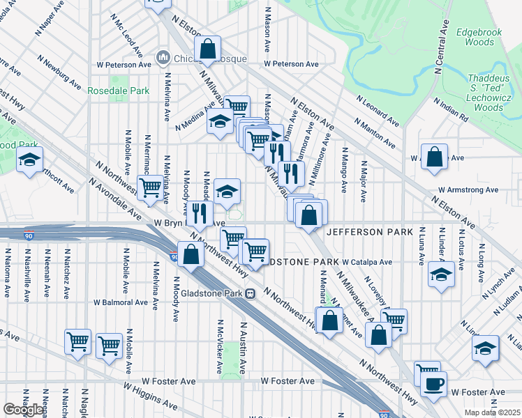 map of restaurants, bars, coffee shops, grocery stores, and more near 5620 North Mason Avenue in Chicago