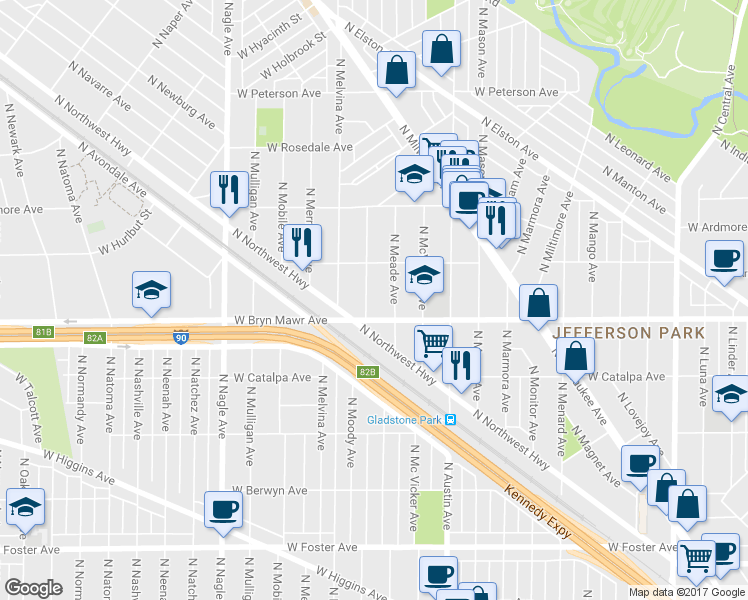 map of restaurants, bars, coffee shops, grocery stores, and more near 5619 N Moody Ave in Chicago