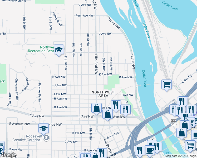 map of restaurants, bars, coffee shops, grocery stores, and more near 1123 Ellis Boulevard Northwest in Cedar Rapids