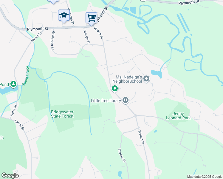 map of restaurants, bars, coffee shops, grocery stores, and more near 245 Walnut Street in Bridgewater