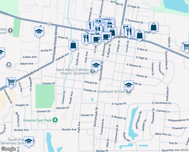 map of restaurants, bars, coffee shops, grocery stores, and more near 244 Waterman Street in Sycamore