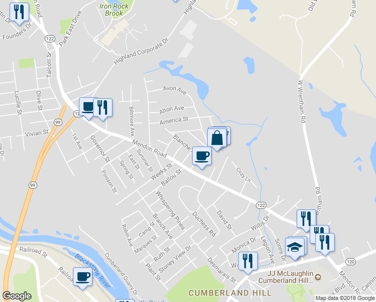 map of restaurants, bars, coffee shops, grocery stores, and more near 22 Blanche Avenue in Cumberland