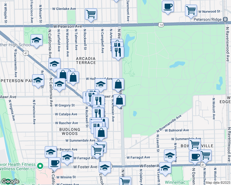 map of restaurants, bars, coffee shops, grocery stores, and more near 2414 West Bryn Mawr Avenue in Chicago