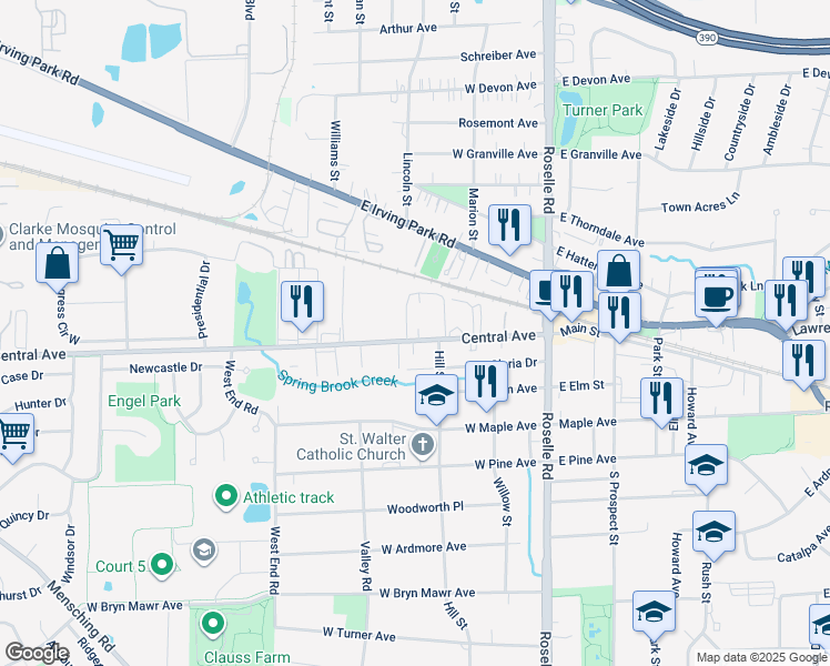 map of restaurants, bars, coffee shops, grocery stores, and more near 204 West Central Avenue in Roselle