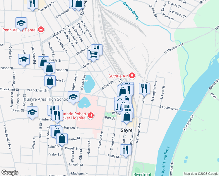 map of restaurants, bars, coffee shops, grocery stores, and more near 113 North Elmer Avenue in Sayre