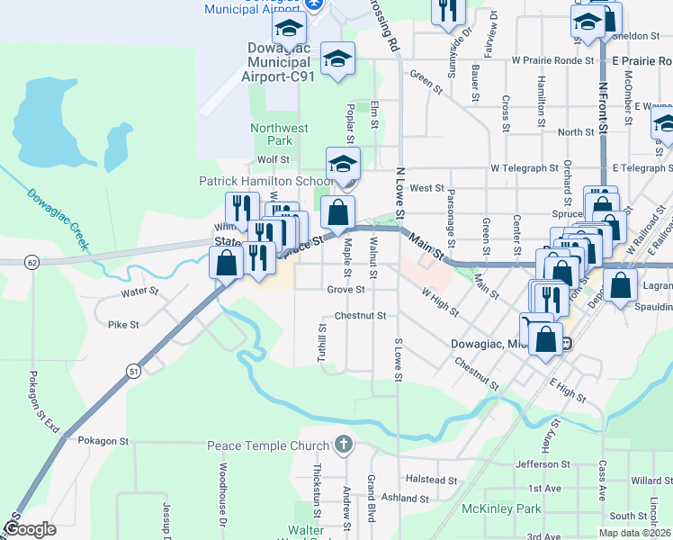 map of restaurants, bars, coffee shops, grocery stores, and more near 202 Maple Street in Dowagiac