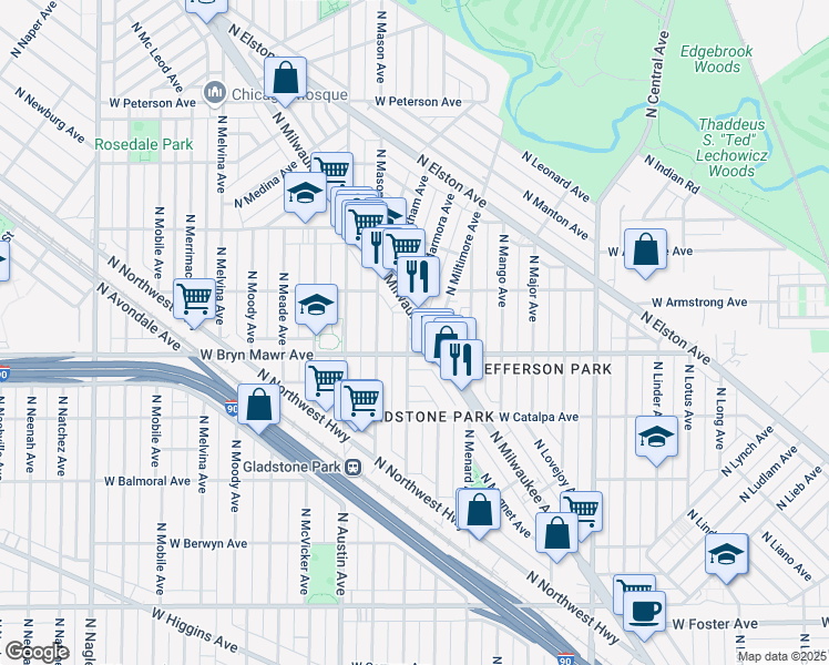 map of restaurants, bars, coffee shops, grocery stores, and more near 5628 North Milwaukee Avenue in Chicago