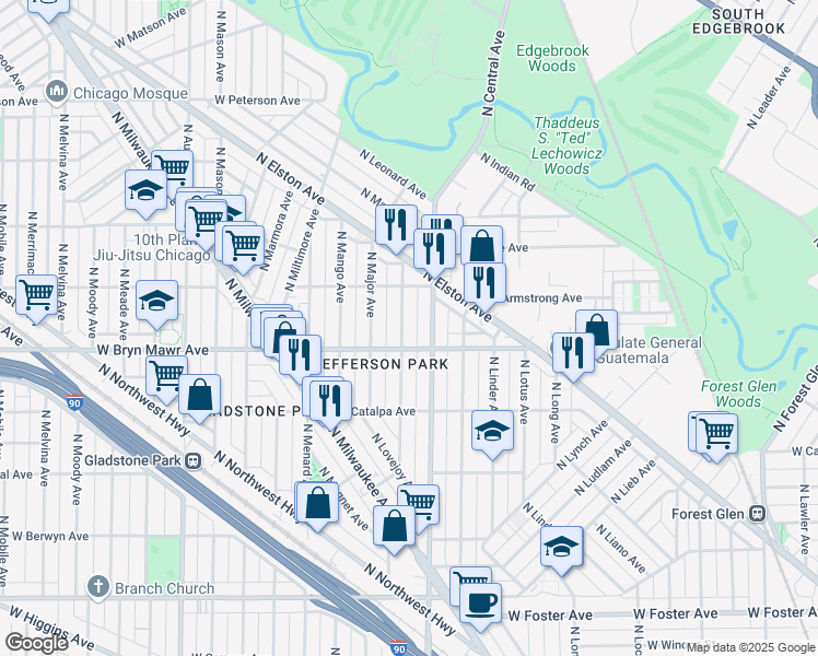 map of restaurants, bars, coffee shops, grocery stores, and more near 5619 North Parkside Avenue in Chicago