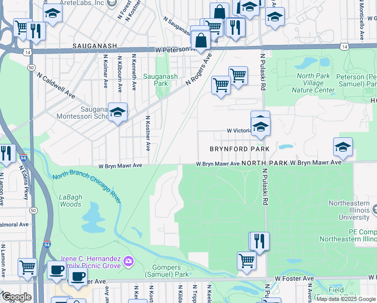 map of restaurants, bars, coffee shops, grocery stores, and more near 4242 West Bryn Mawr Avenue in Chicago
