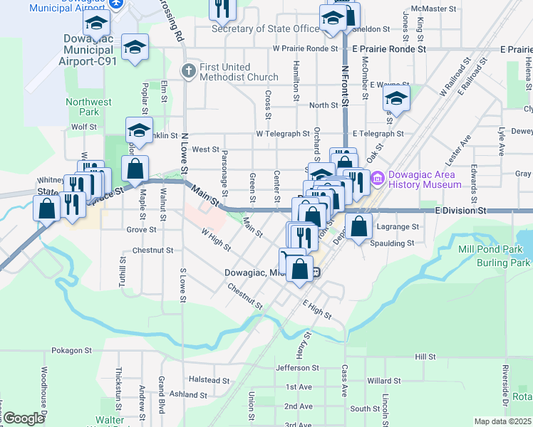 map of restaurants, bars, coffee shops, grocery stores, and more near 303 West Division Street in Dowagiac