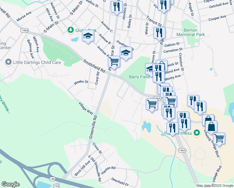 map of restaurants, bars, coffee shops, grocery stores, and more near 36 Summit Avenue in North Smithfield