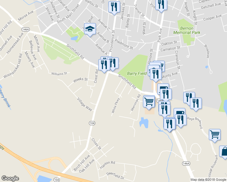 map of restaurants, bars, coffee shops, grocery stores, and more near 41 Summit Avenue in North Smithfield