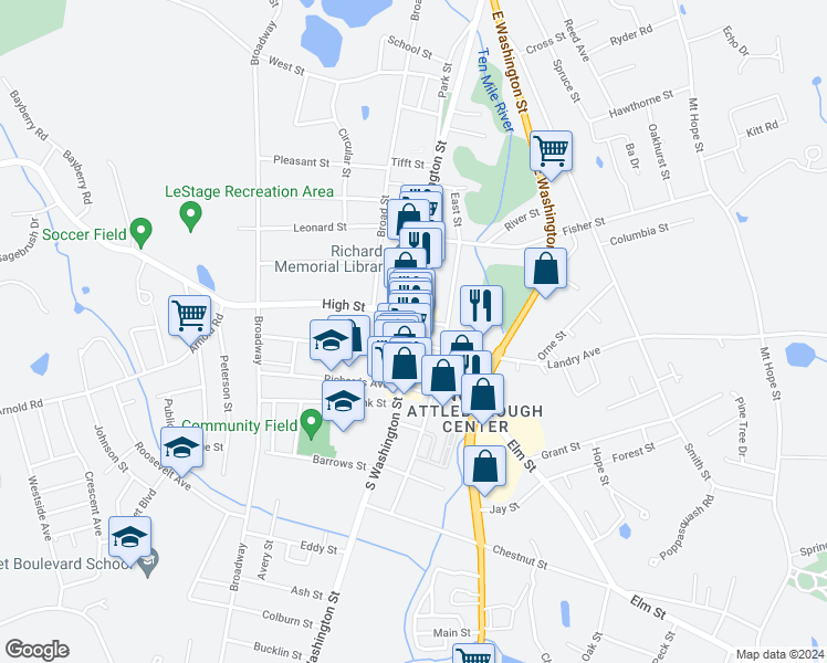 map of restaurants, bars, coffee shops, grocery stores, and more near 52 North Washington Street in North Attleborough