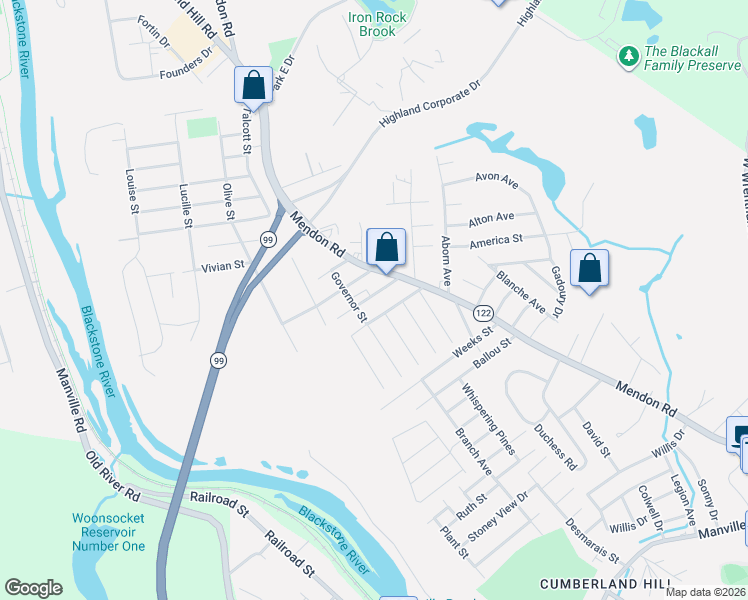map of restaurants, bars, coffee shops, grocery stores, and more near 41 Sherman Avenue in Cumberland