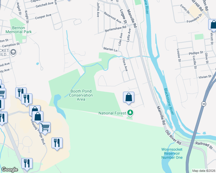 map of restaurants, bars, coffee shops, grocery stores, and more near 112 Gauthier Drive in Woonsocket