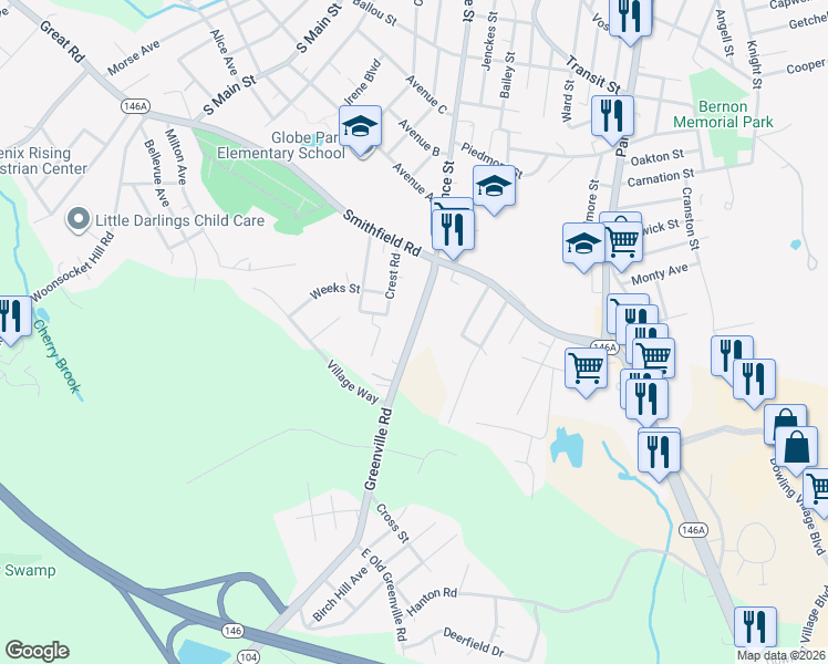 map of restaurants, bars, coffee shops, grocery stores, and more near 28 Greenville Road in North Smithfield