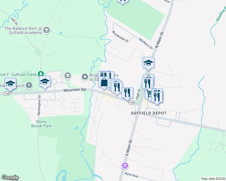 map of restaurants, bars, coffee shops, grocery stores, and more near 126 Mountain Road in Suffield