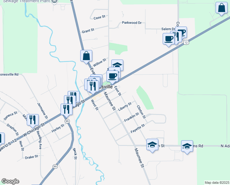 map of restaurants, bars, coffee shops, grocery stores, and more near 314 Church Street in Jonesville