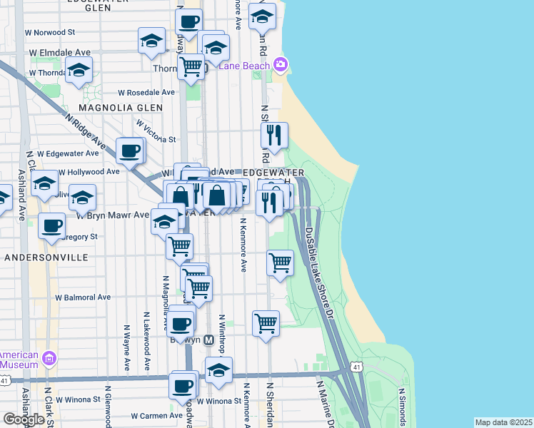 map of restaurants, bars, coffee shops, grocery stores, and more near 5556 North Sheridan Road in Chicago