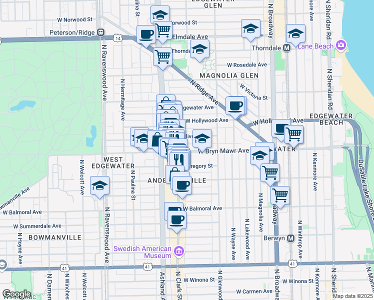 map of restaurants, bars, coffee shops, grocery stores, and more near 1502 West Bryn Mawr Avenue in Chicago