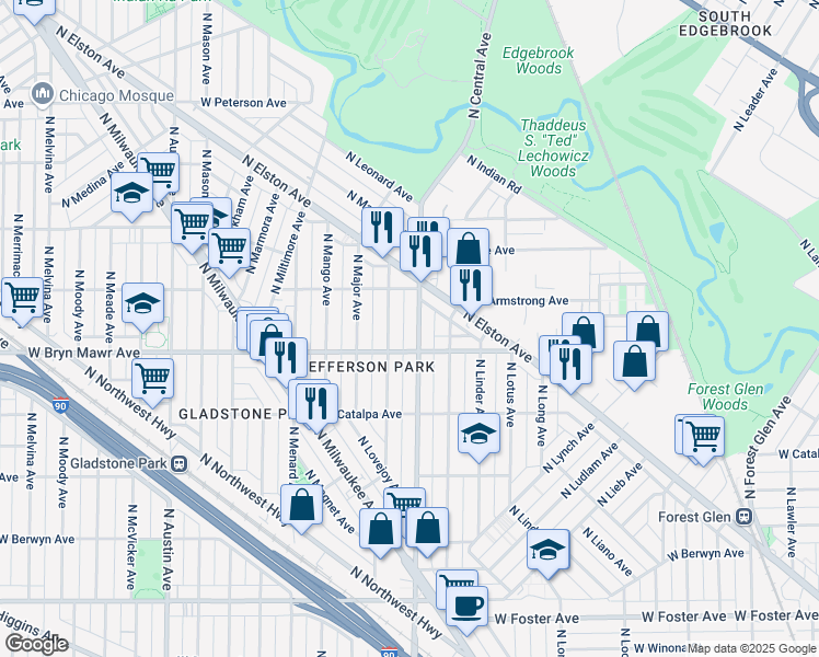 map of restaurants, bars, coffee shops, grocery stores, and more near 5617 North Central Avenue in Chicago