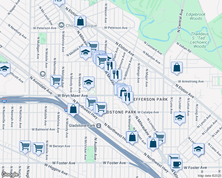 map of restaurants, bars, coffee shops, grocery stores, and more near 5628 North Milwaukee Avenue in Chicago