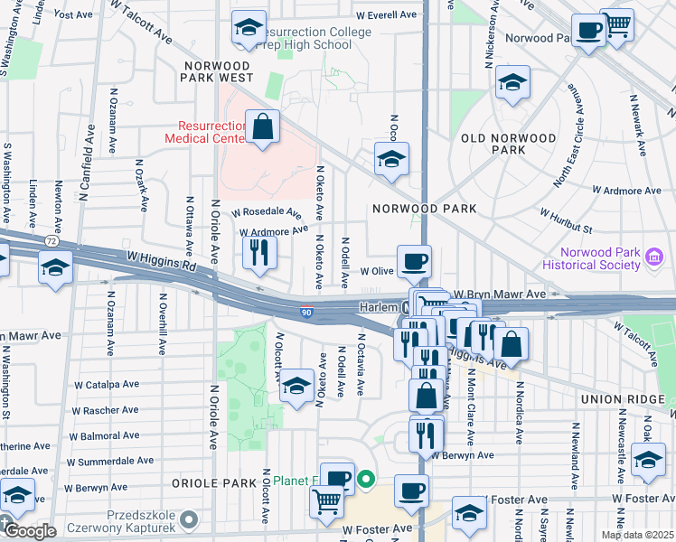 map of restaurants, bars, coffee shops, grocery stores, and more near 5627 North Oketo Avenue in Chicago