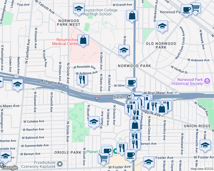 map of restaurants, bars, coffee shops, grocery stores, and more near 5627 North Oketo Avenue in Chicago