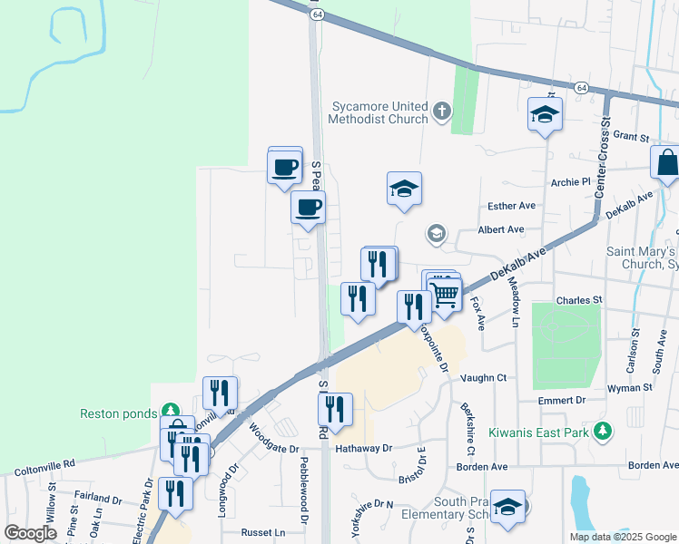 map of restaurants, bars, coffee shops, grocery stores, and more near 660 South Peace Road in Sycamore