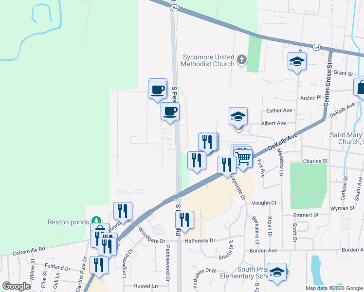 map of restaurants, bars, coffee shops, grocery stores, and more near 660 South Peace Road in Sycamore