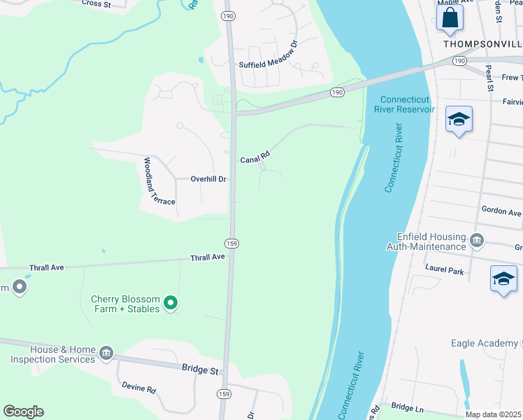 map of restaurants, bars, coffee shops, grocery stores, and more near 1 Canal Road in Suffield