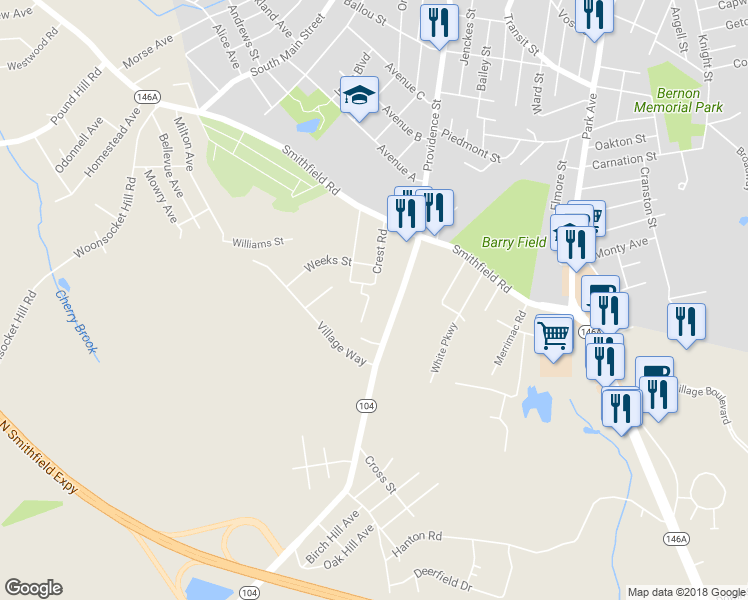 map of restaurants, bars, coffee shops, grocery stores, and more near 4 Golden Boulevard in North Smithfield