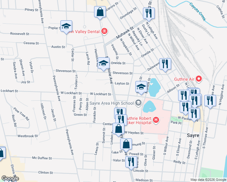 map of restaurants, bars, coffee shops, grocery stores, and more near 61 North Keystone Avenue in Sayre