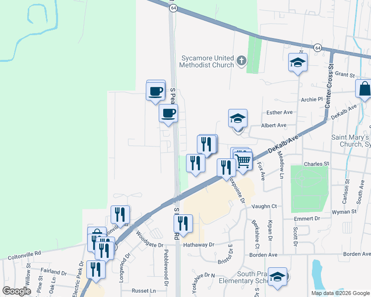 map of restaurants, bars, coffee shops, grocery stores, and more near 660 South Peace Road in Sycamore