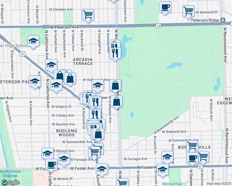 map of restaurants, bars, coffee shops, grocery stores, and more near 5616 North Western Avenue in Chicago